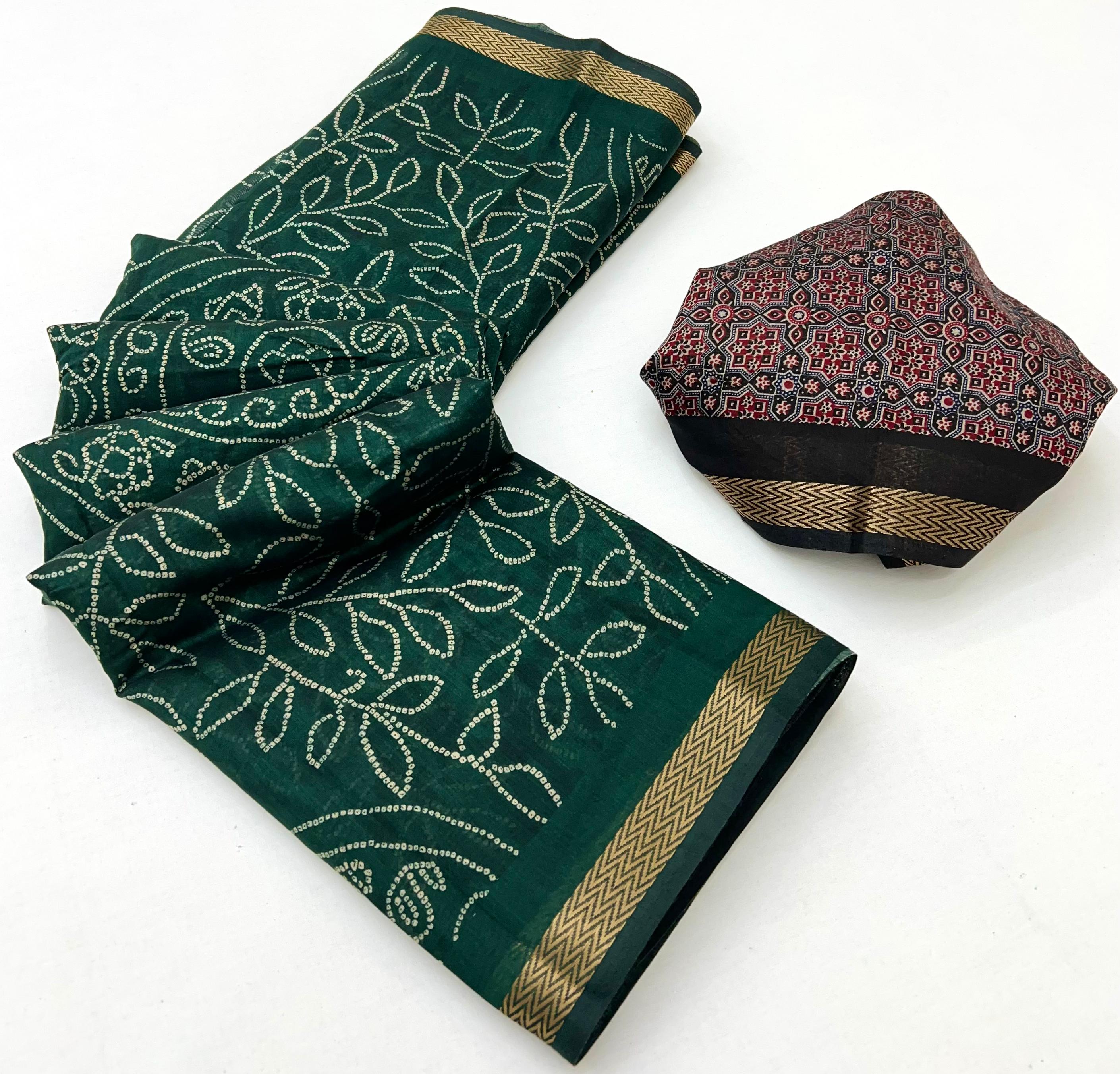 Dark Green Woven Mul Cotton Saree With Blouse