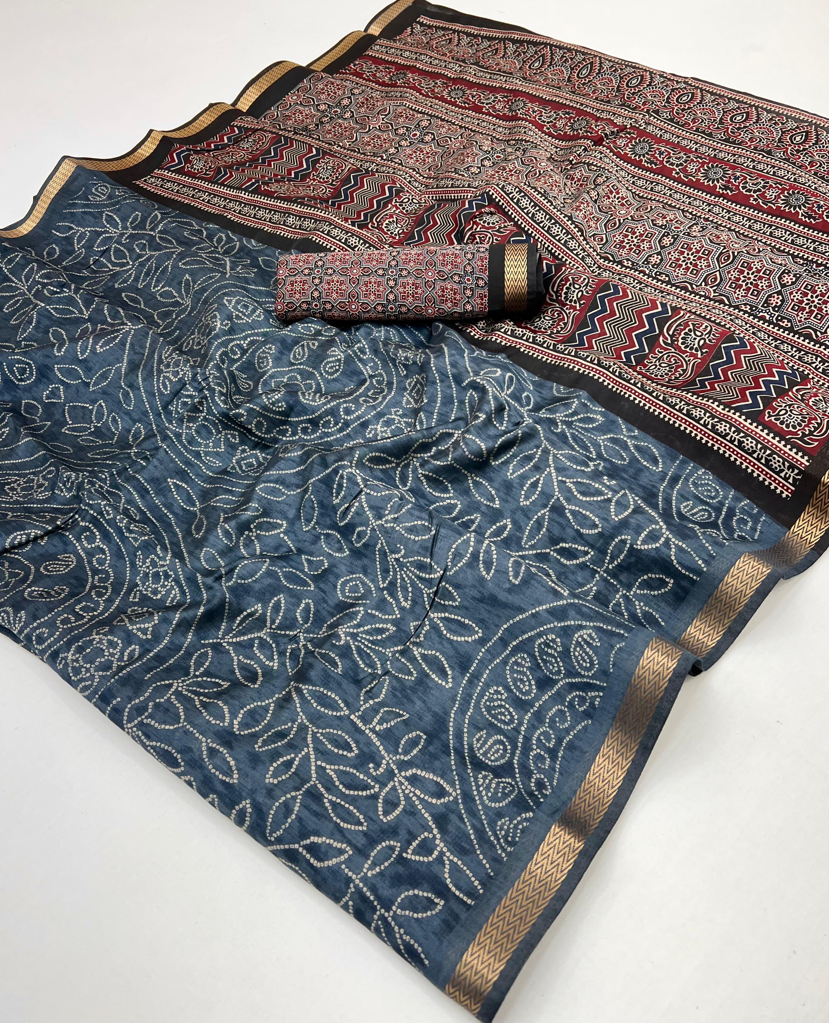 Dark Blue Woven Mul Cotton Saree With Blouse