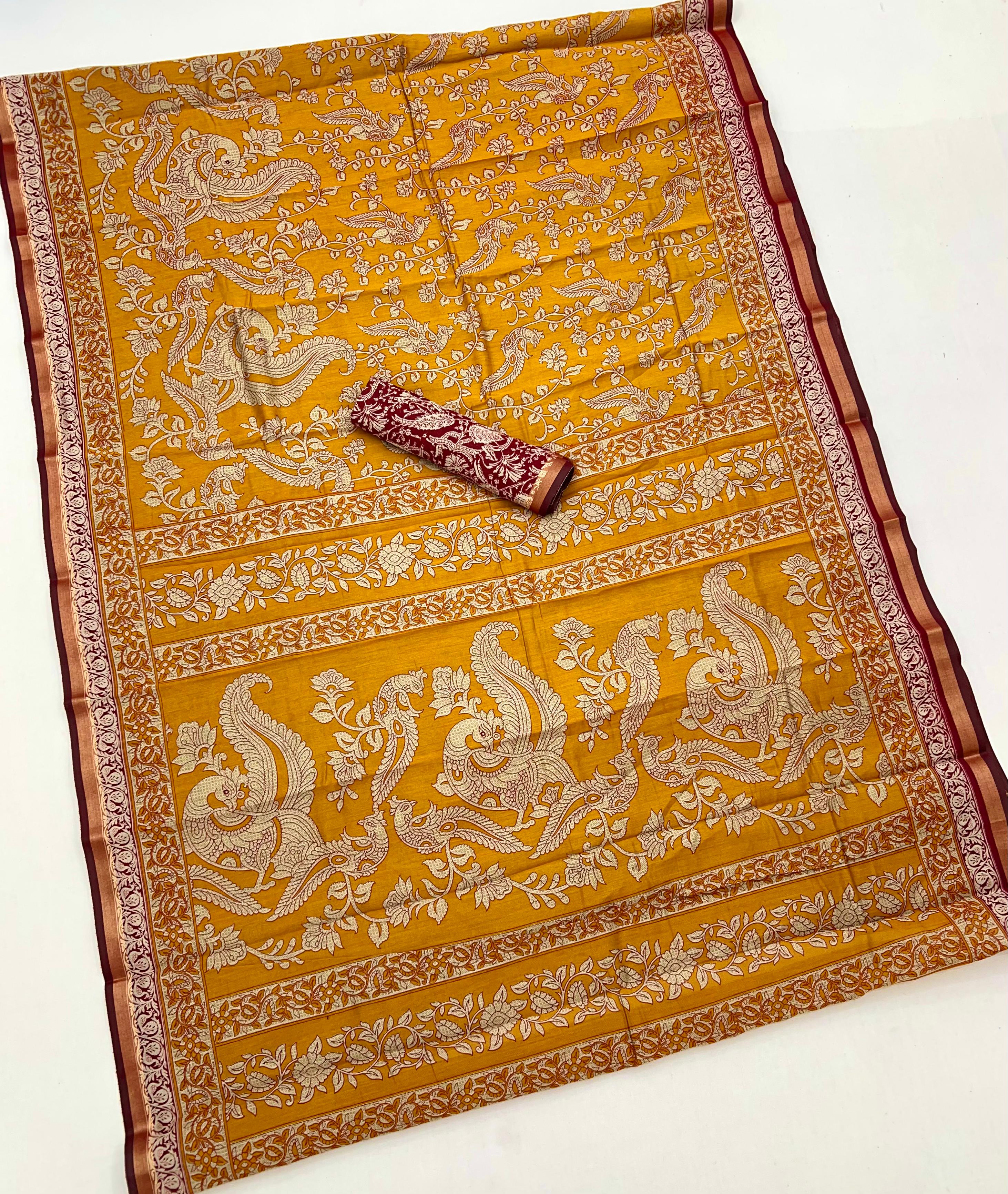 Demesne Yellow Mul Mul cotten Soft Silk saree With Evocative Blouse Piece