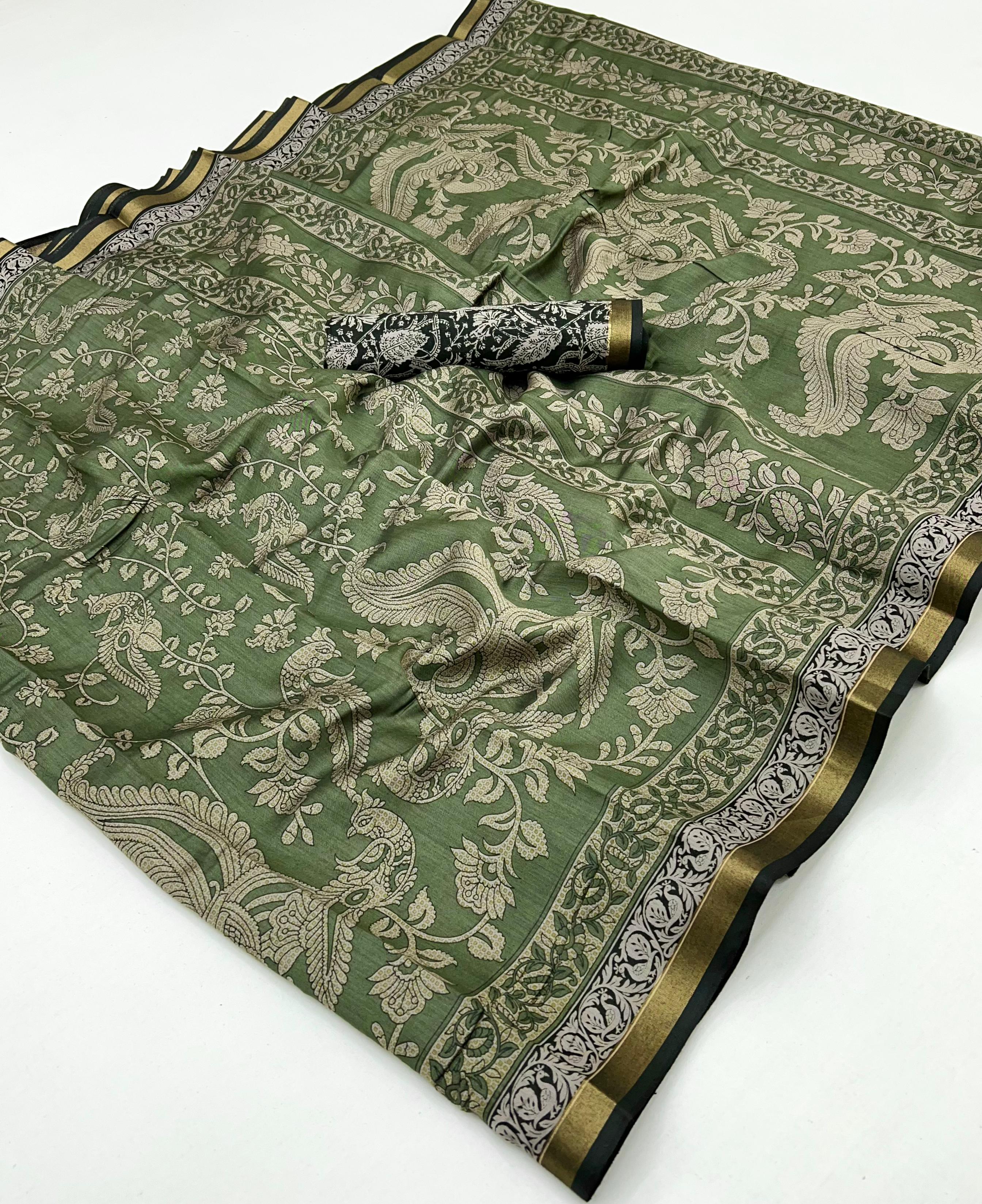 Spanish Green Mul Mul cotten Soft Silk saree With Evocative Blouse Piece