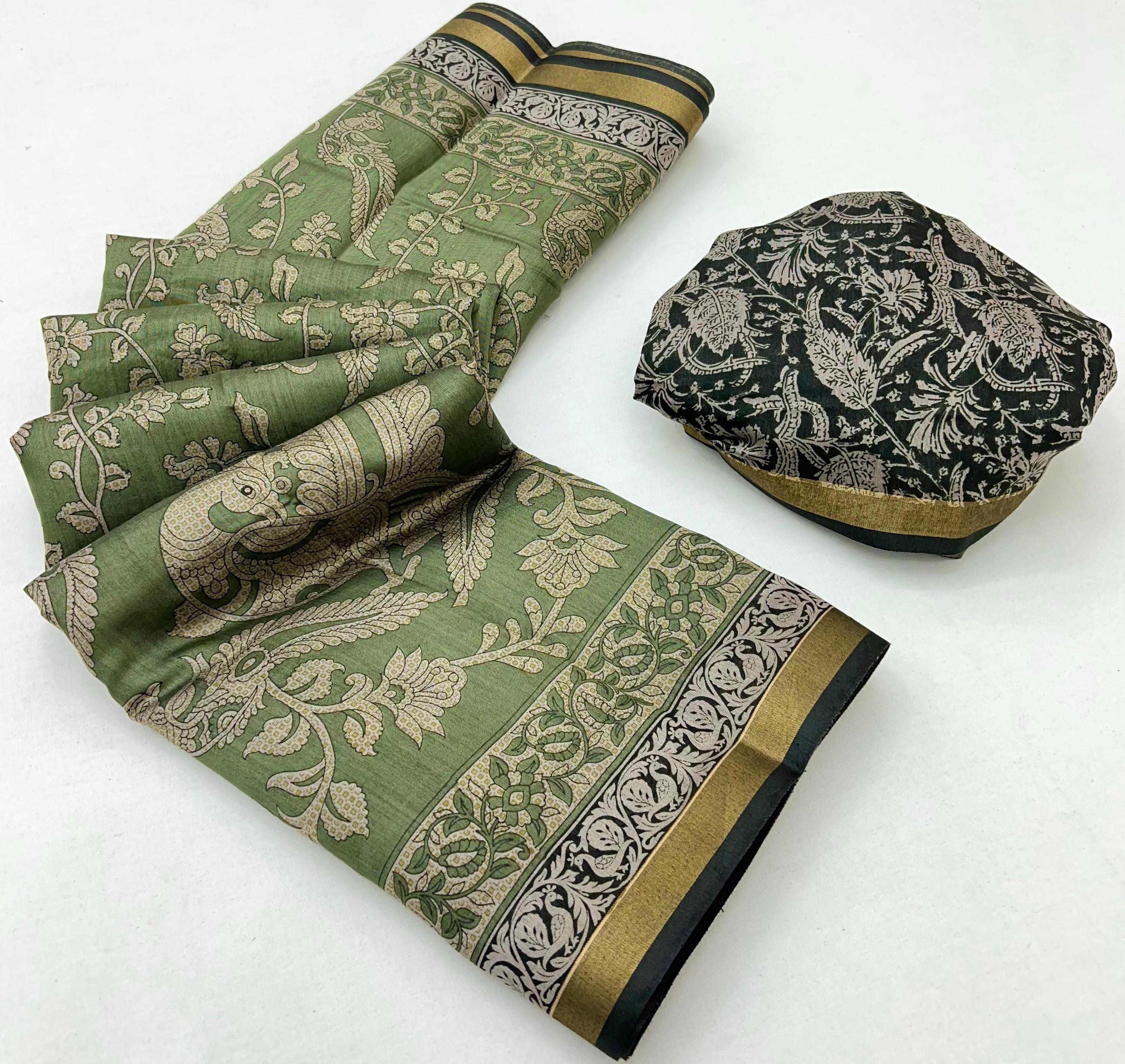 Spanish Green Mul Mul cotten Soft Silk saree With Evocative Blouse Piece