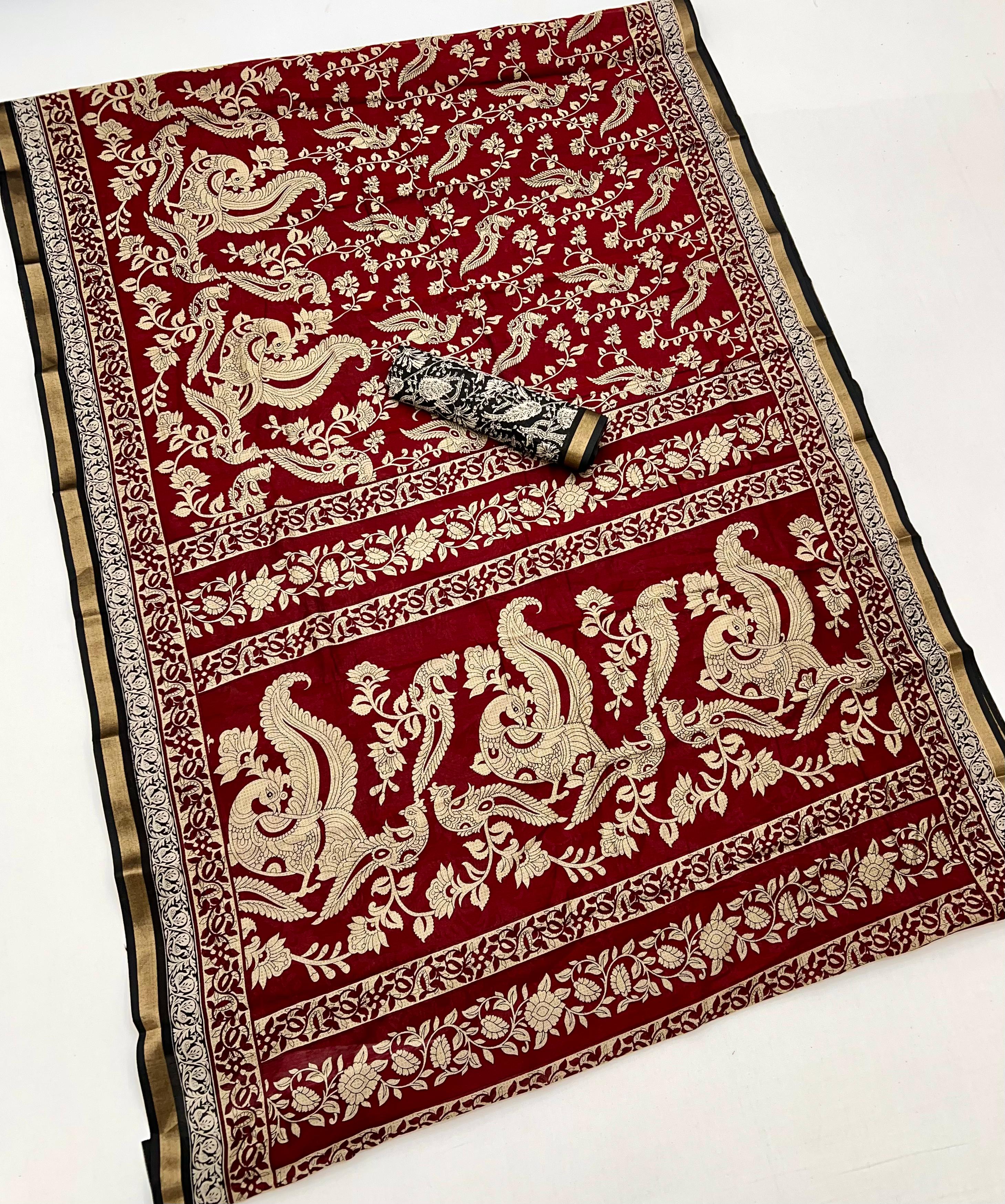 Red Oxide Mul Mul cotten Soft Silk saree With Evocative Blouse Piece