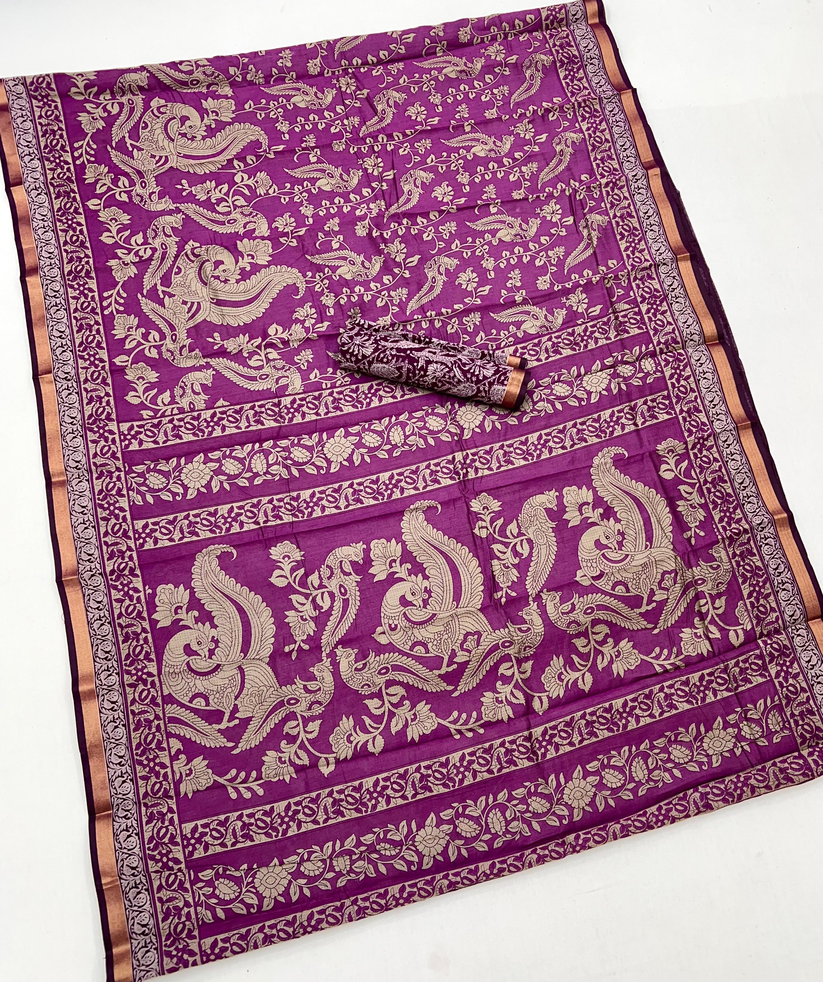 Warm Purple Mul Mul cotten Soft Silk saree With Evocative Blouse Piece