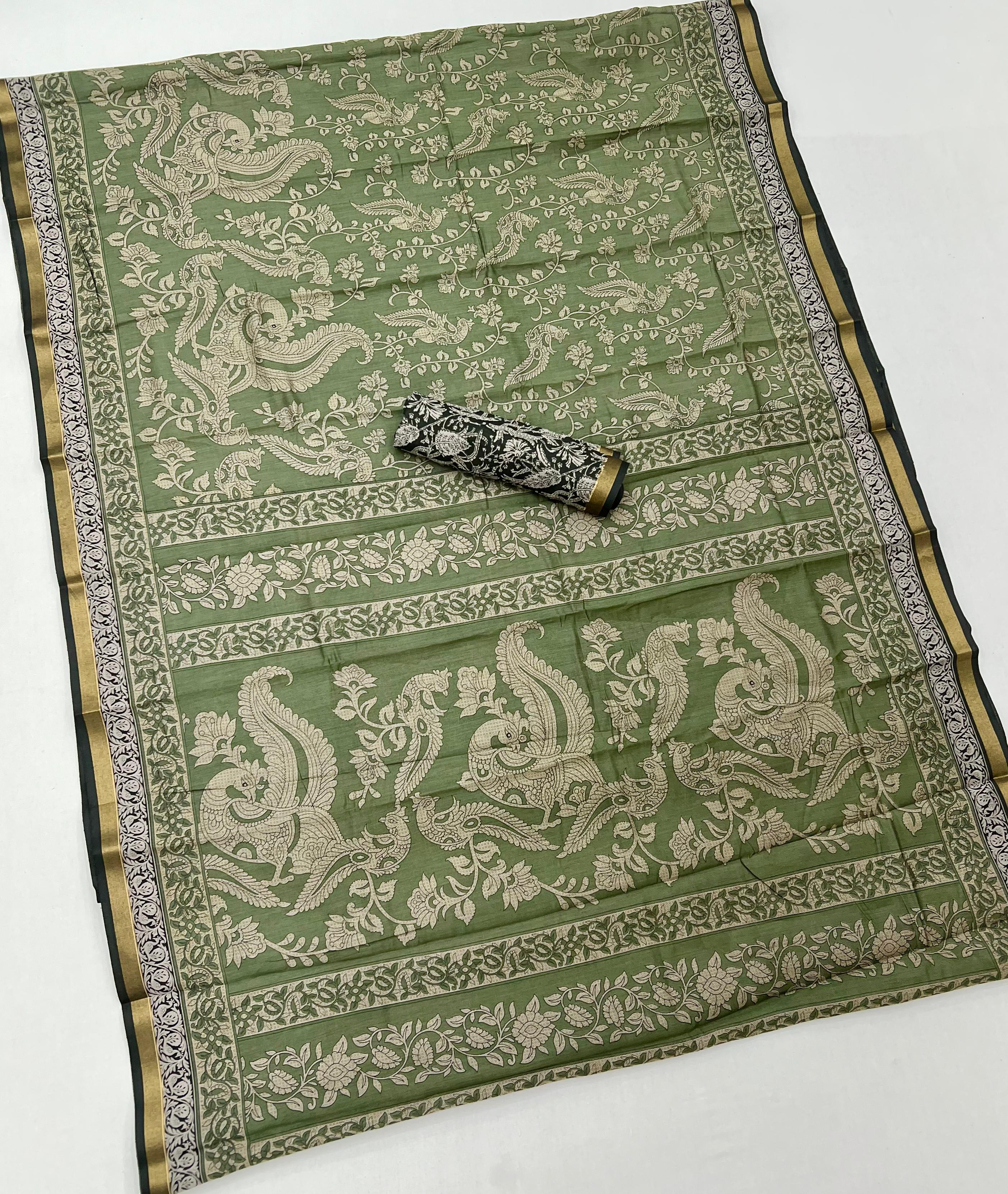 Spanish Green Mul Mul cotten Soft Silk saree With Evocative Blouse Piece