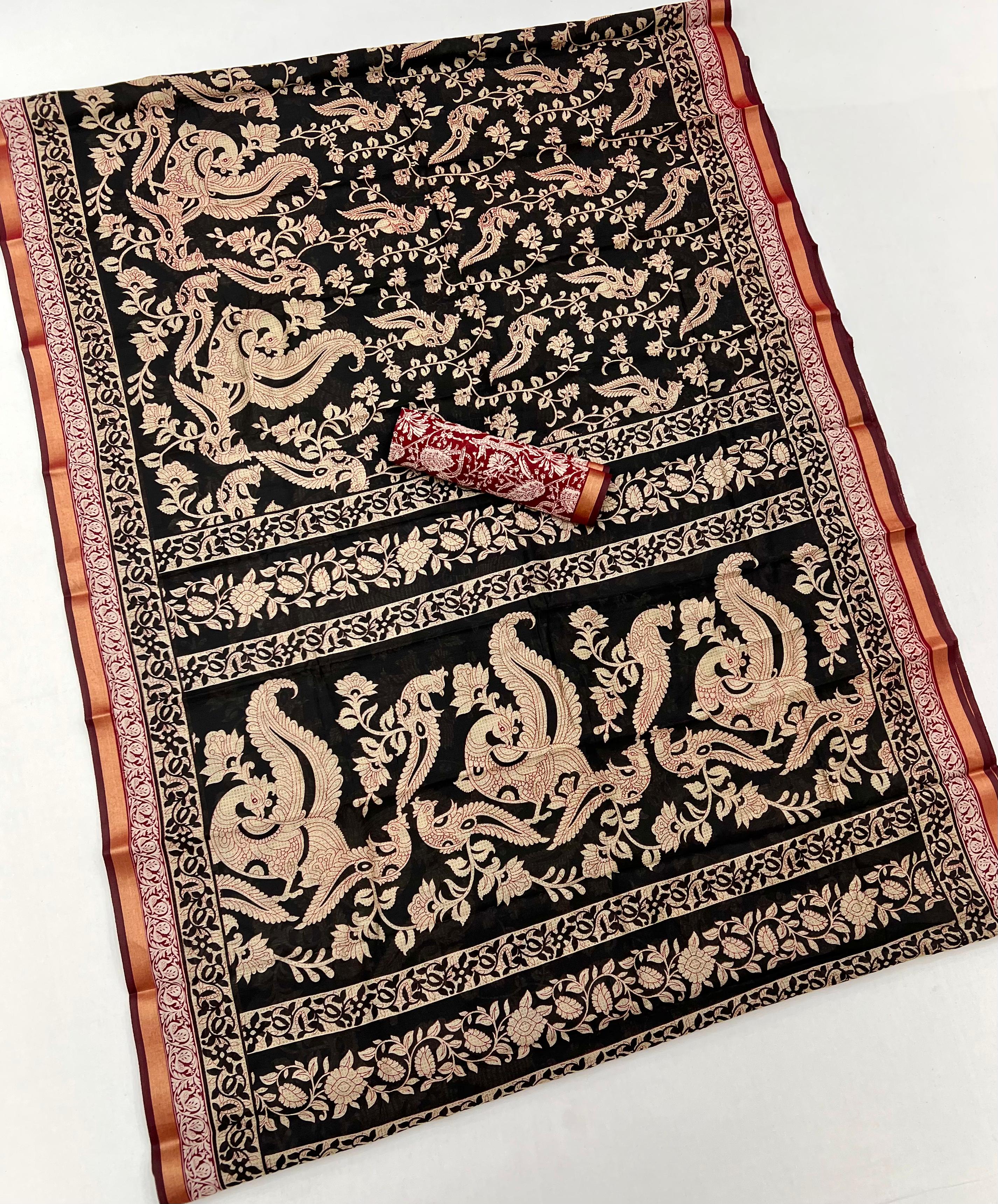 Almost Black Mul Mul cotten Soft Silk saree With Evocative Blouse Piece