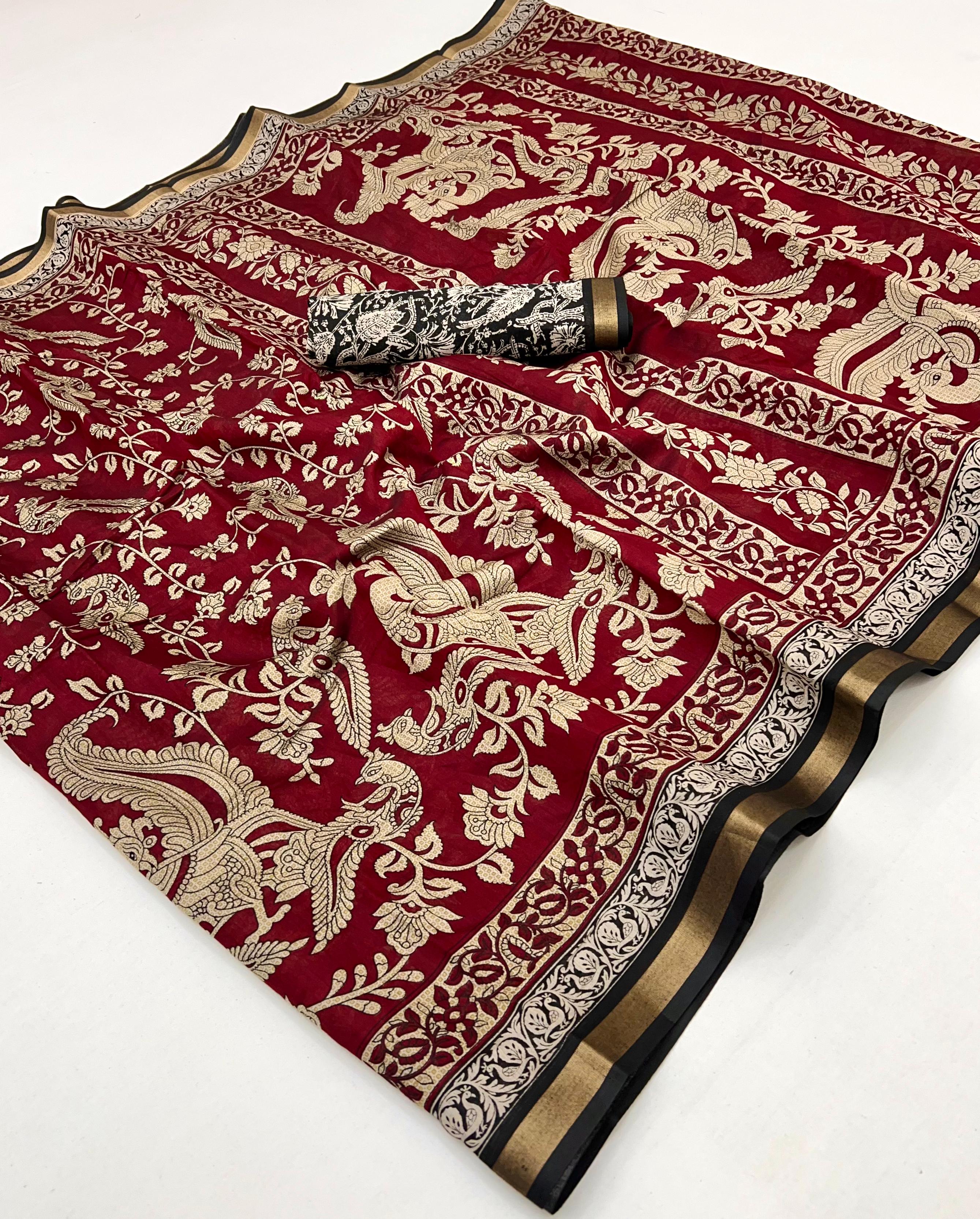 Red Oxide Mul Mul cotten Soft Silk saree With Evocative Blouse Piece