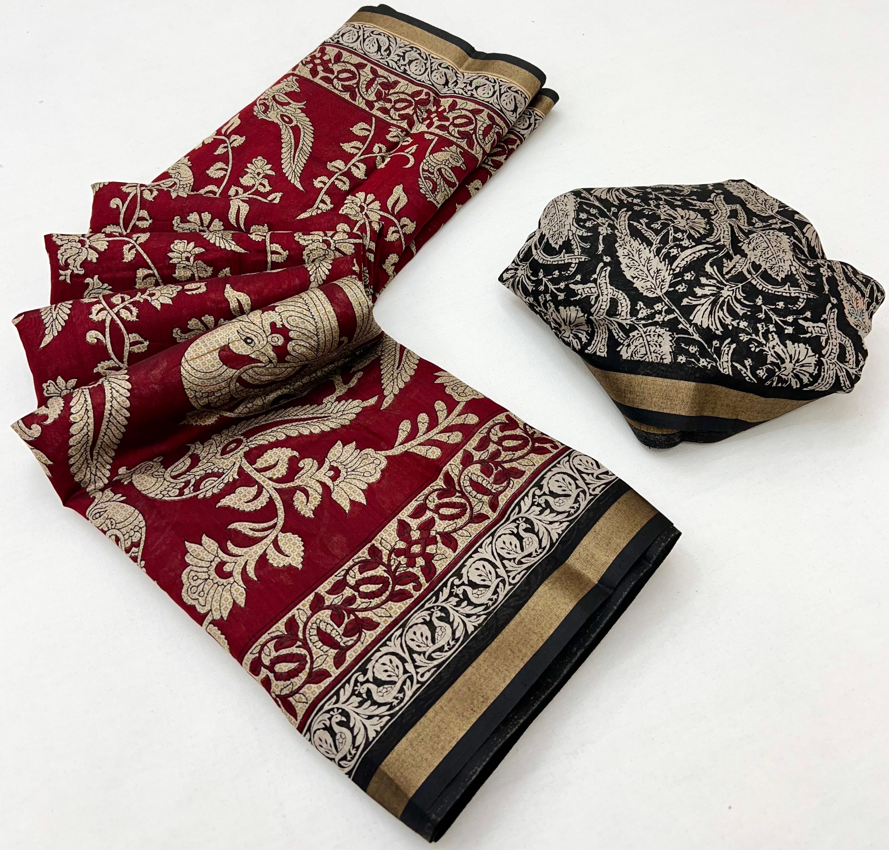 Red Oxide Mul Mul cotten Soft Silk saree With Evocative Blouse Piece
