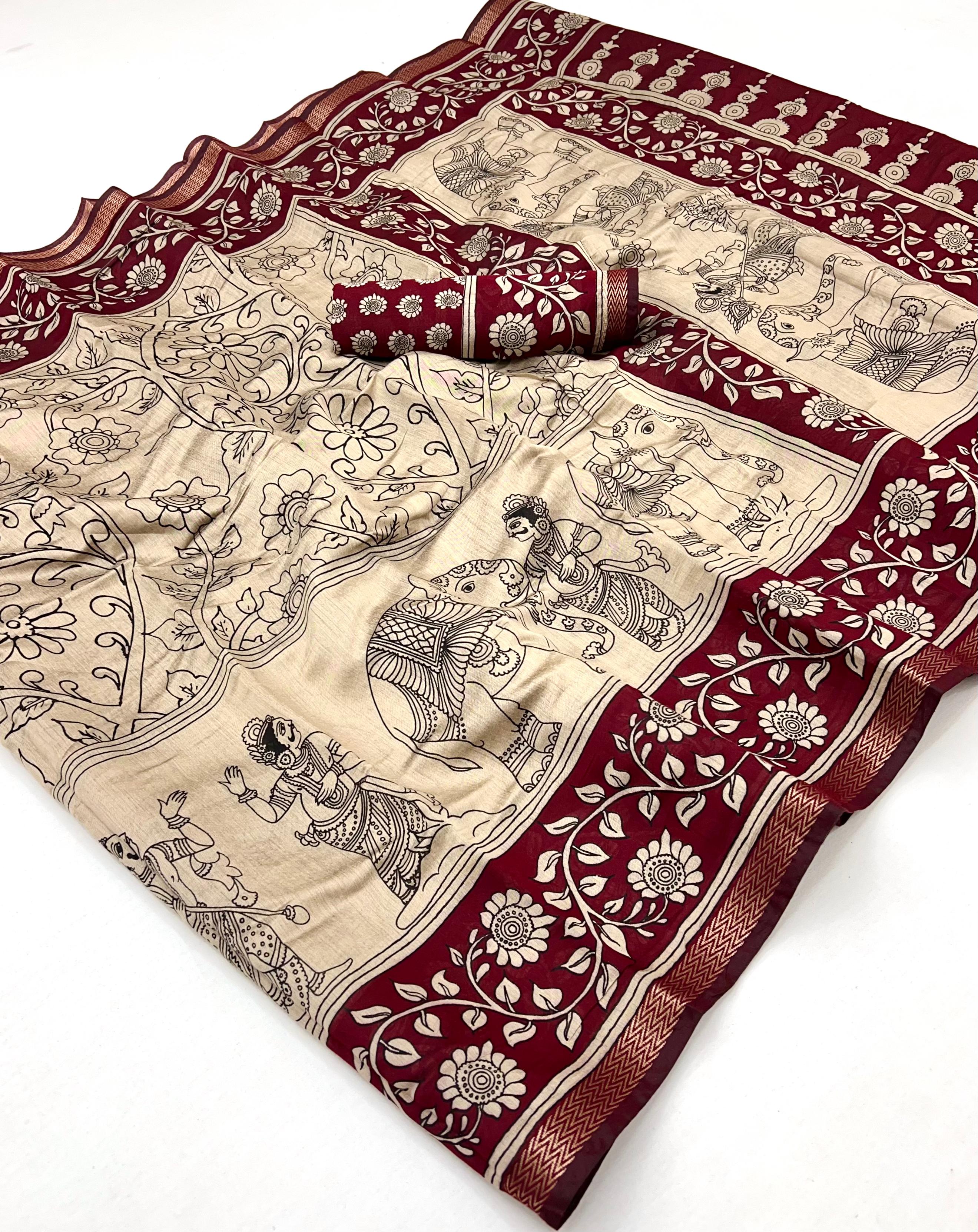 Cream With Maroon Maslin Soft Silk Saree With Blouse