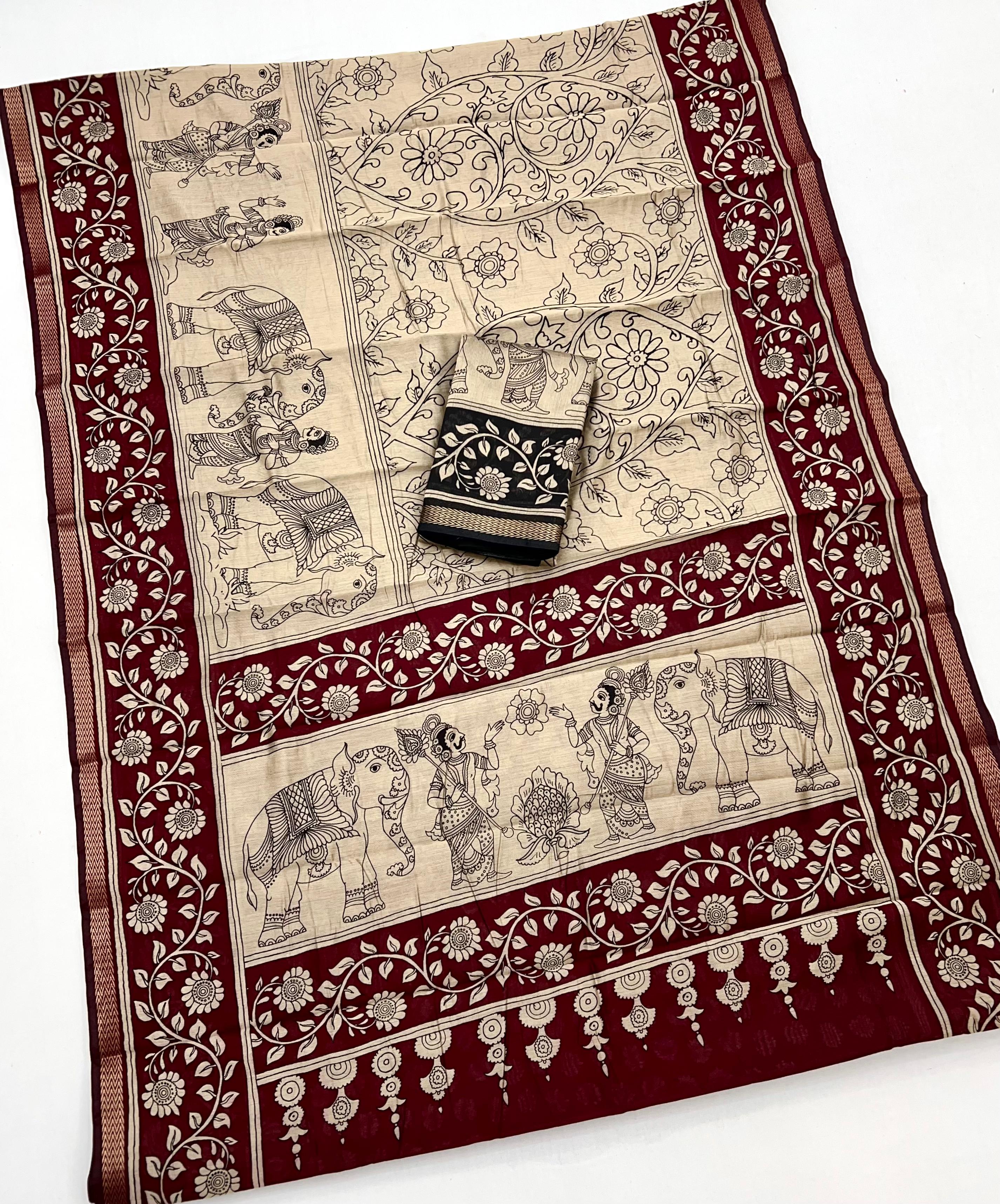 Cream With Maroon Maslin Soft Silk Saree With Blouse