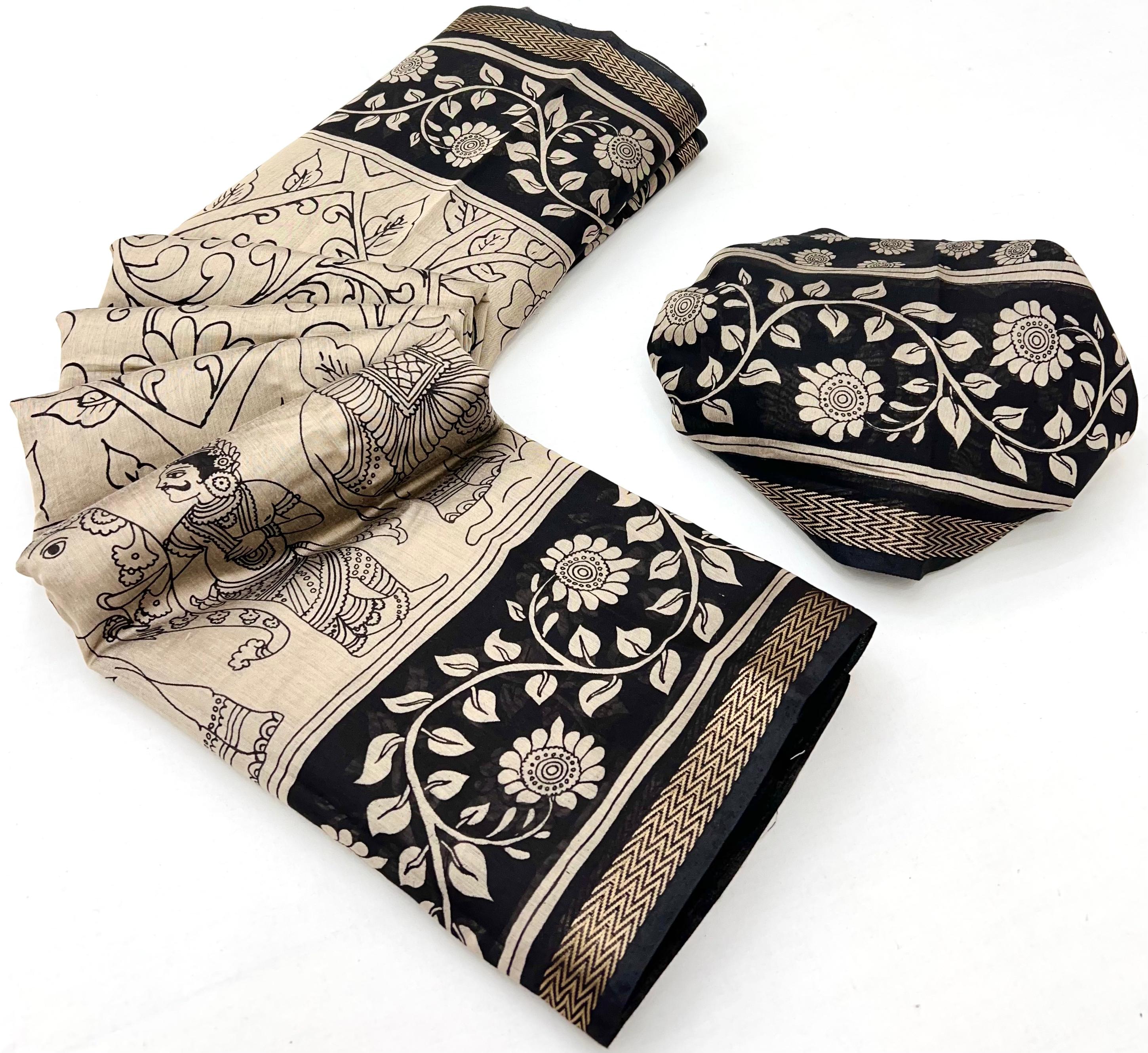 Cream With Black Maslin Soft Silk Saree With Blouse
