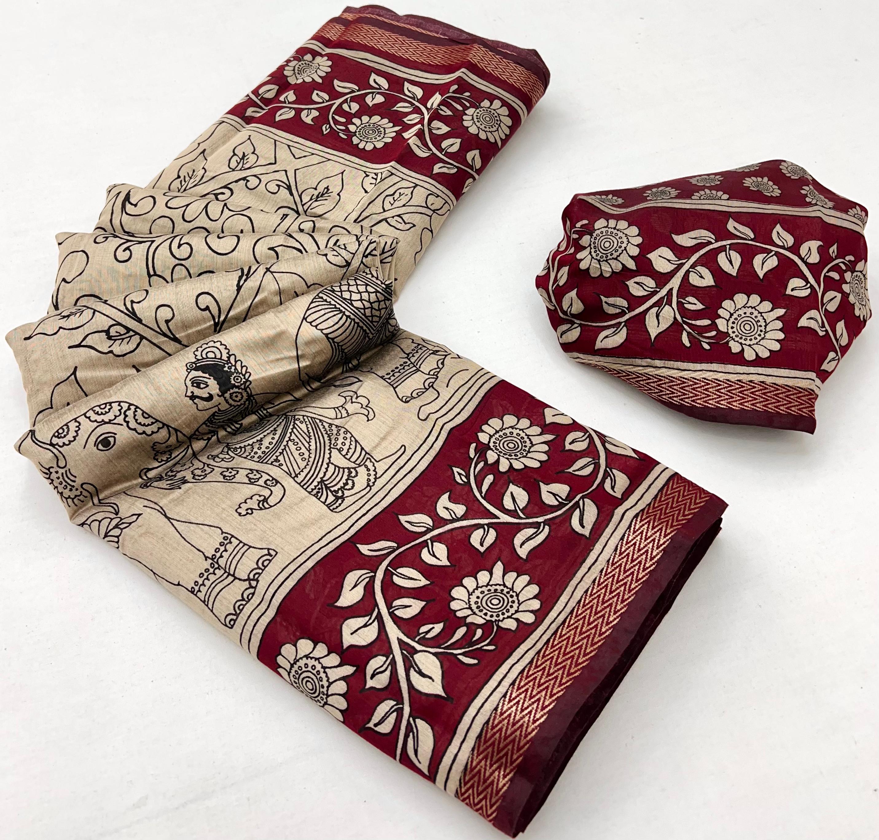 Cream With Maroon Maslin Soft Silk Saree With Blouse
