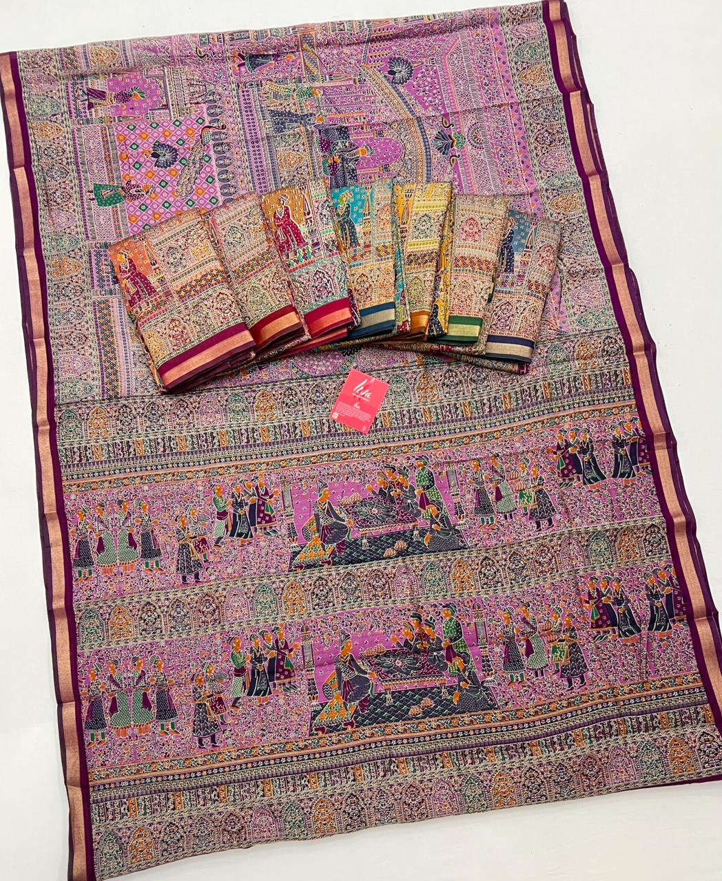 Dirty Blue With Rama Border Ajrakh Kalamkari Pure Maslin Silk Saree