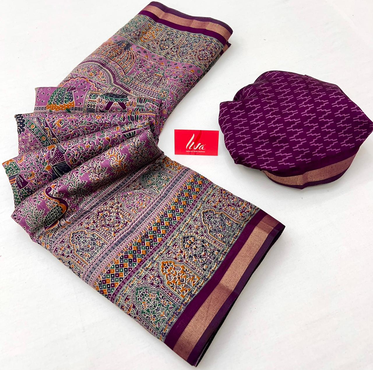 Tulip Pink With Purple Border Ajrakh Kalamkari Pure Maslin Silk Saree