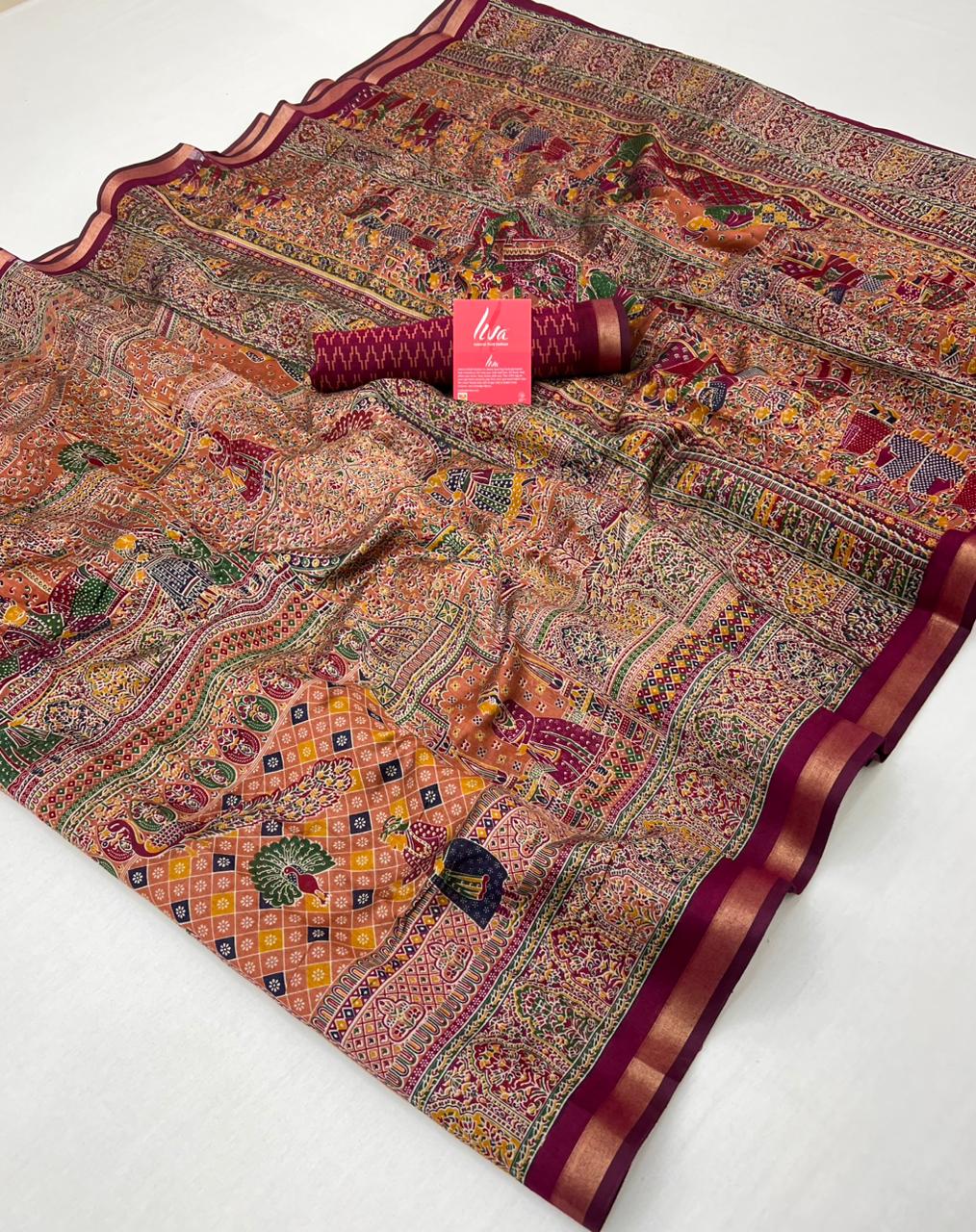 Orange salmon With Wine Border Ajrakh Kalamkari Pure Maslin Silk Saree