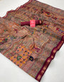 Orange salmon With Wine Border Ajrakh Kalamkari Pure Maslin Silk Saree