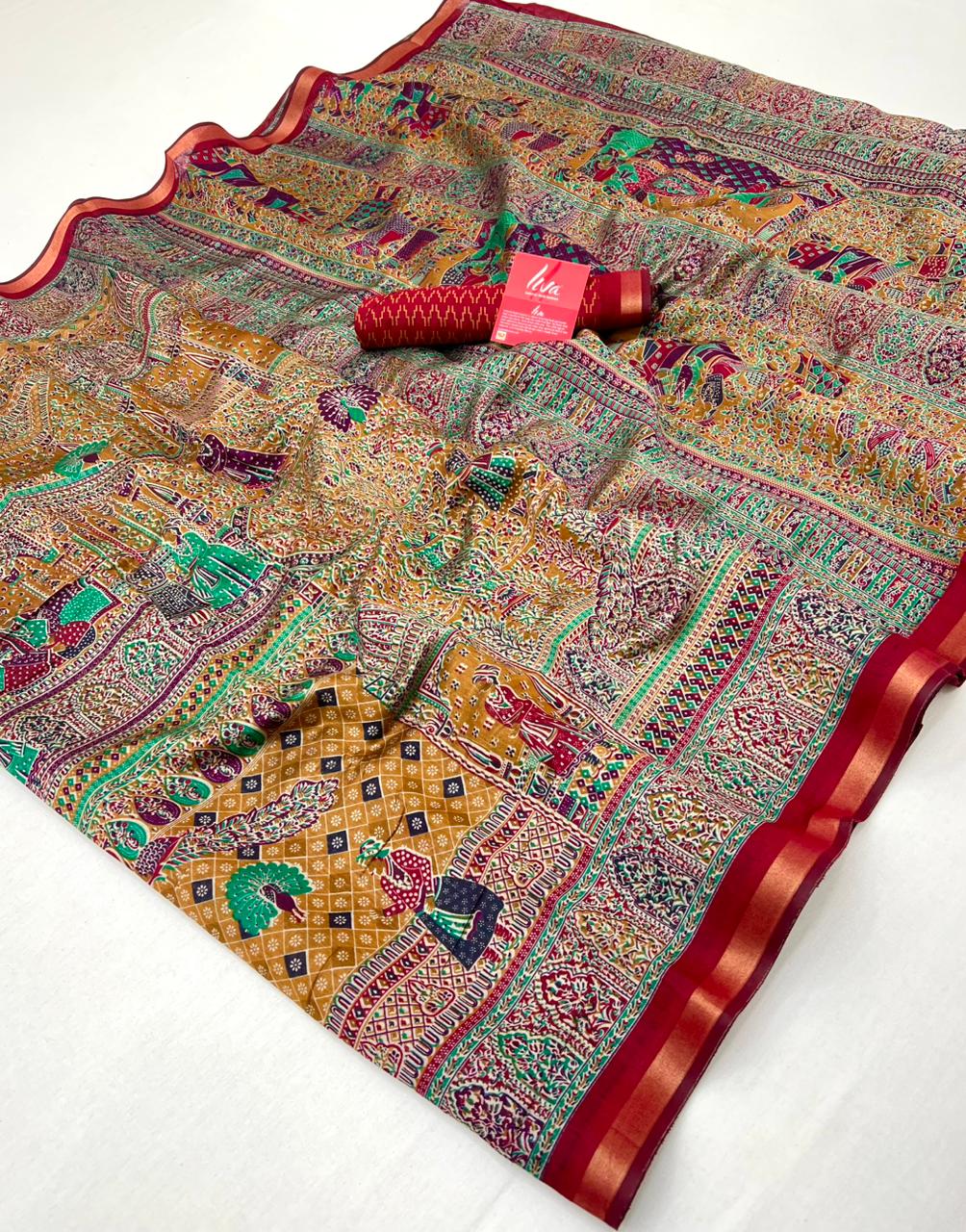 Dull Orange With Red Border Ajrakh Kalamkari Pure Maslin Silk Saree