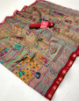 Dull Orange With Red Border Ajrakh Kalamkari Pure Maslin Silk Saree