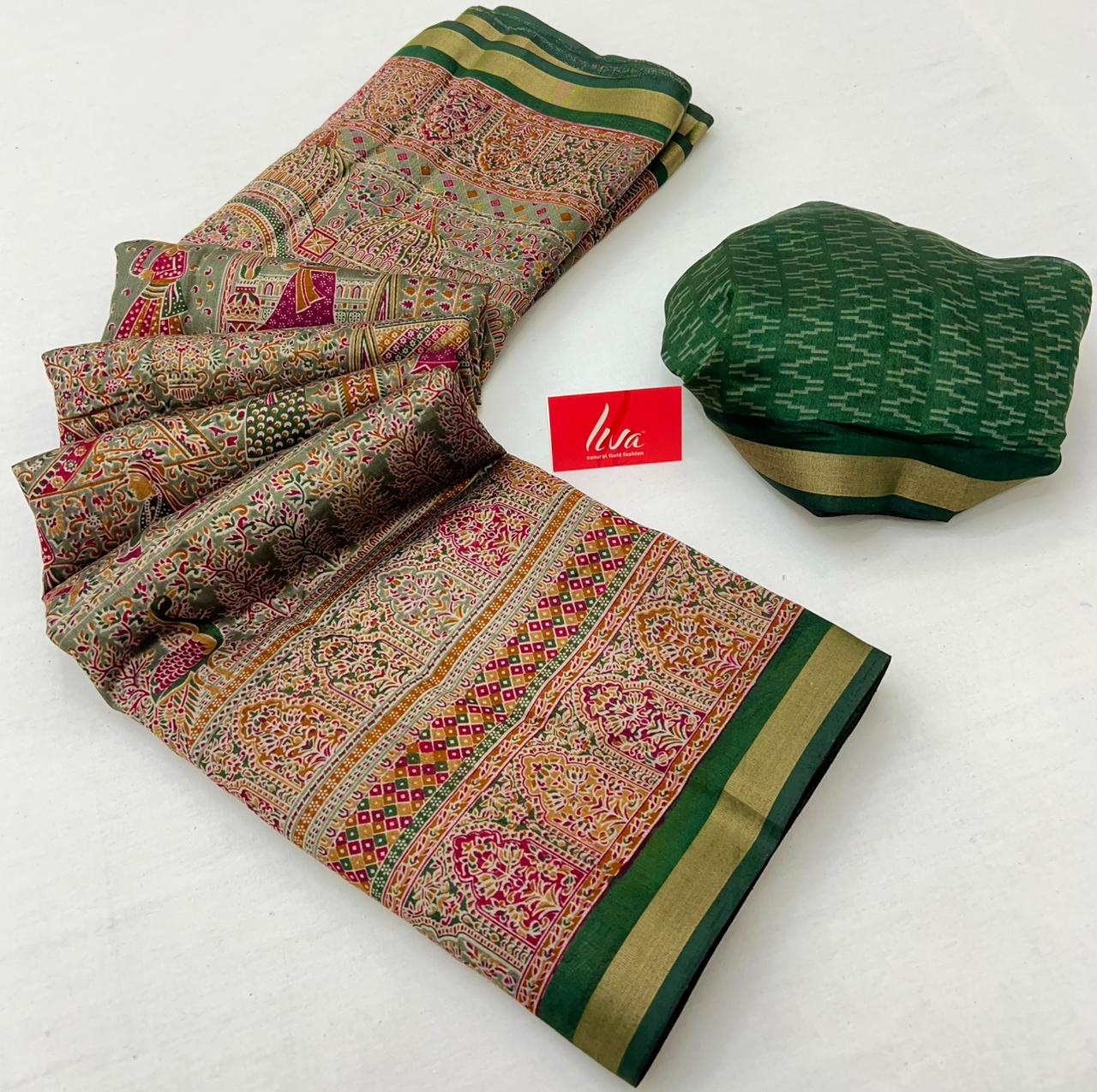 Grey Olive With Green Border Ajrakh Kalamkari Pure Maslin Silk Saree