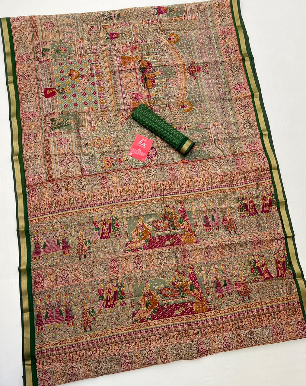 Grey Olive With Green Border Ajrakh Kalamkari Pure Maslin Silk Saree