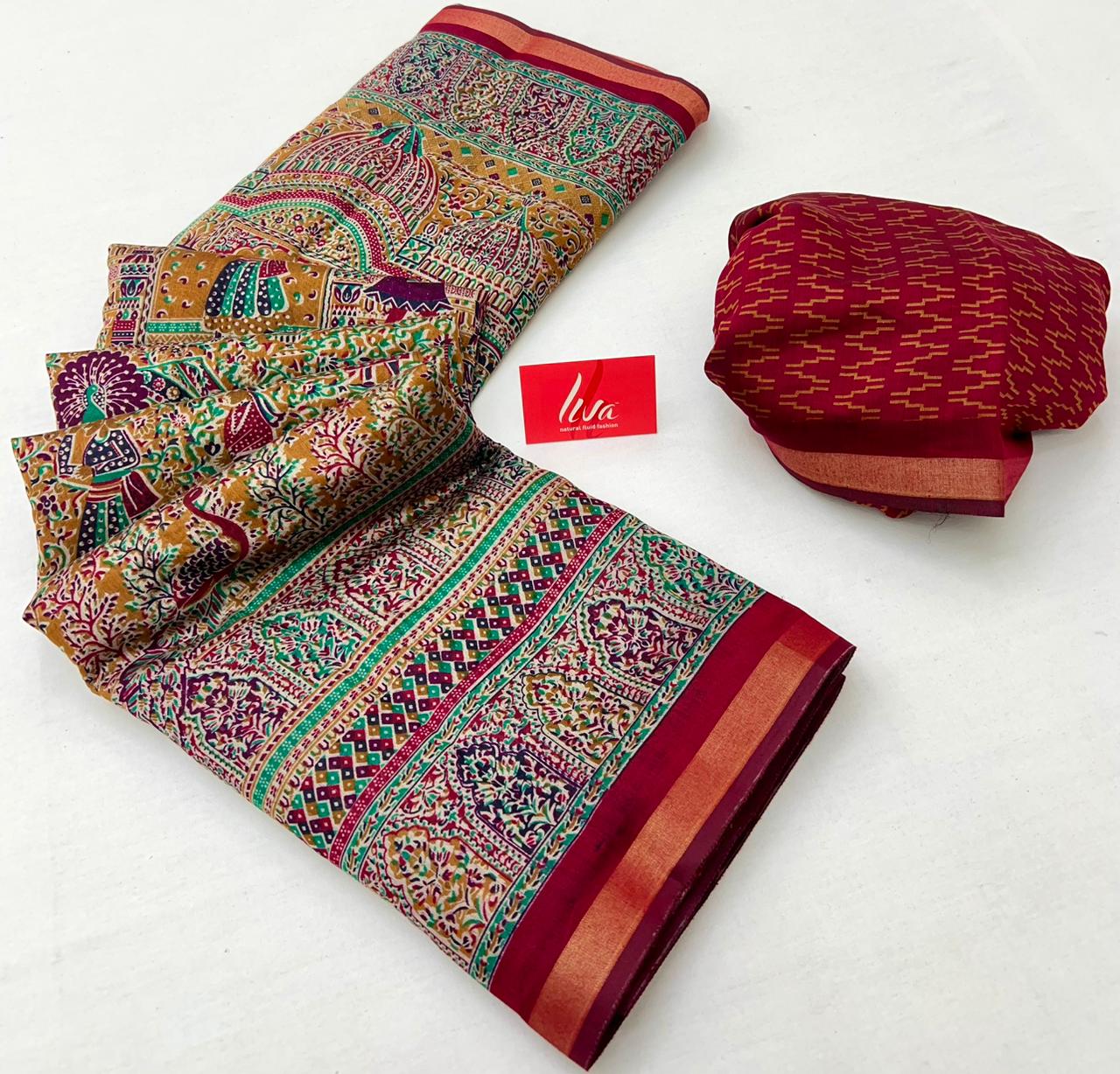Dull Orange With Red Border Ajrakh Kalamkari Pure Maslin Silk Saree