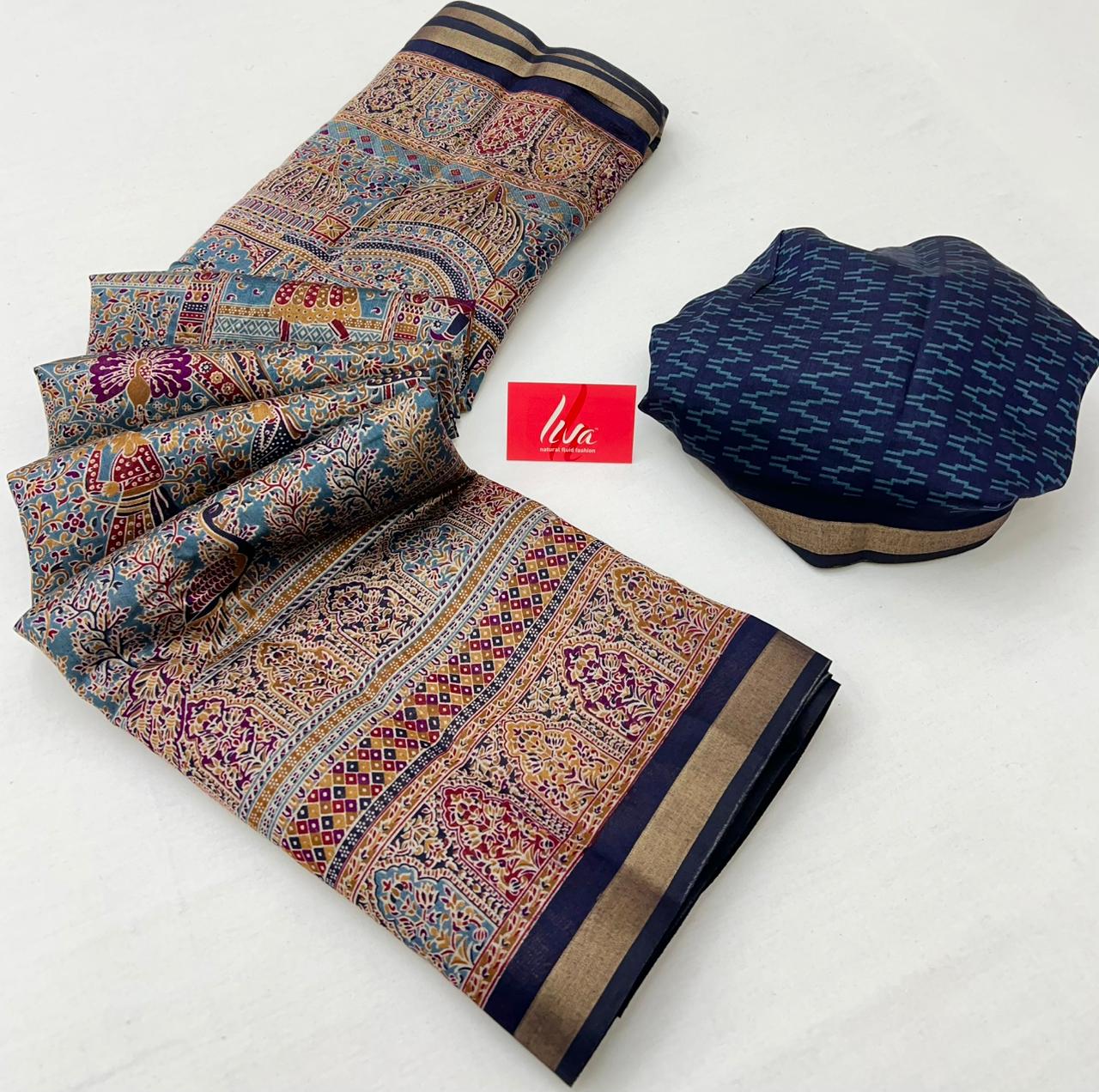 Pale Sky With Blue Border Ajrakh Kalamkari Pure Maslin Silk Saree