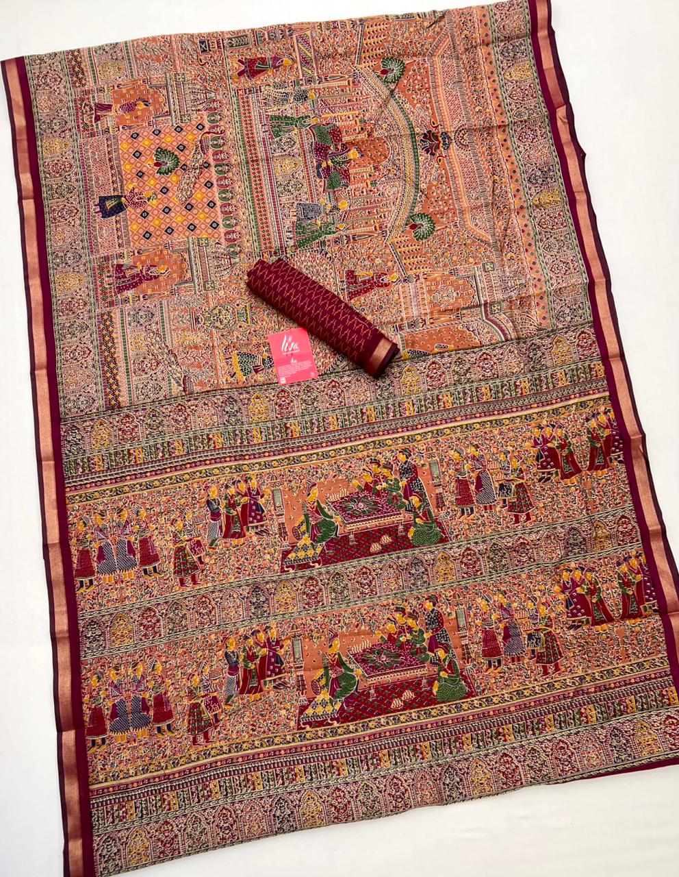 Orange salmon With Wine Border Ajrakh Kalamkari Pure Maslin Silk Saree