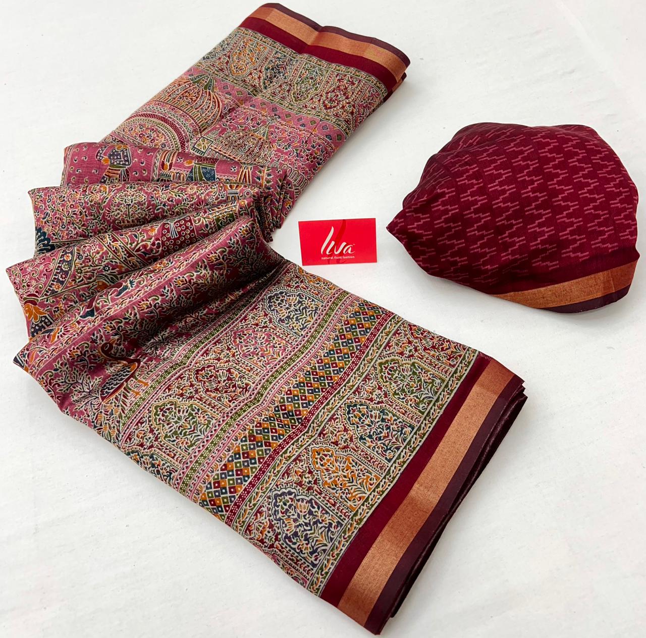 Rose Vale With Maroon Border Ajrakh Kalamkari Pure Maslin Silk Saree