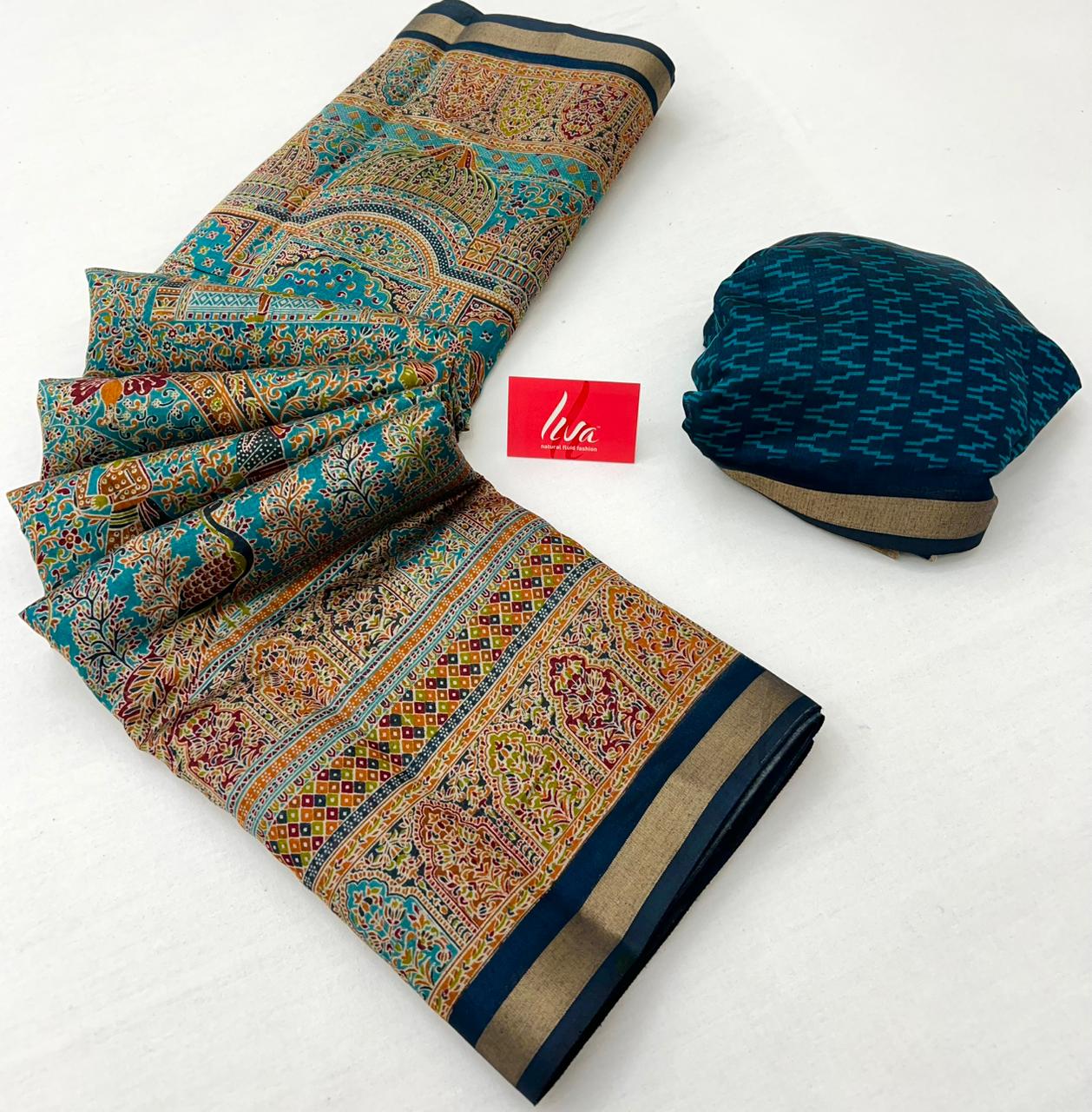 Dirty Blue With Rama Border Ajrakh Kalamkari Pure Maslin Silk Saree