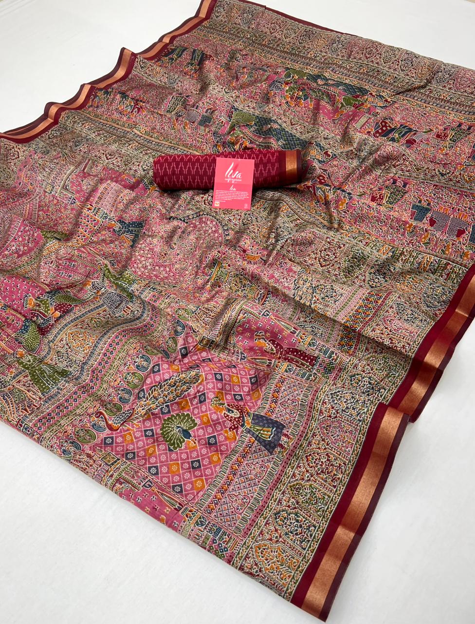 Rose Vale With Maroon Border Ajrakh Kalamkari Pure Maslin Silk Saree
