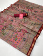 Rose Vale With Maroon Border Ajrakh Kalamkari Pure Maslin Silk Saree