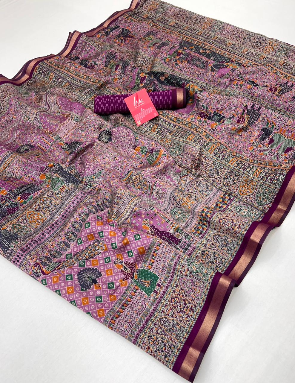 Tulip Pink With Purple Border Ajrakh Kalamkari Pure Maslin Silk Saree