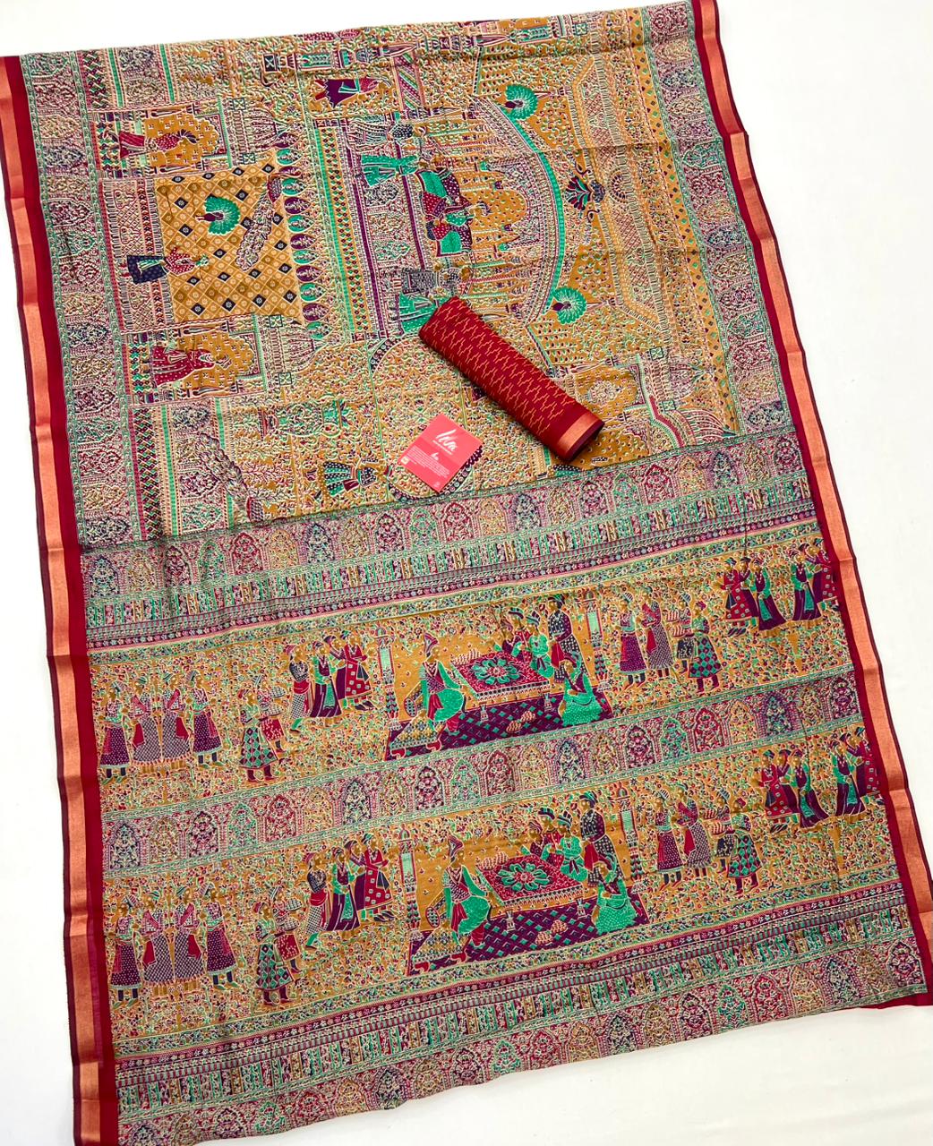 Dull Orange With Red Border Ajrakh Kalamkari Pure Maslin Silk Saree