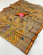 Bee Yellow With Border Ajrakh Kalamkari Pure Maslin Silk Saree
