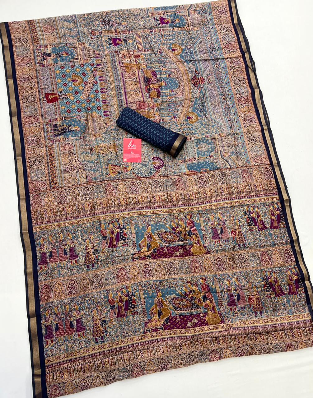 Pale Sky With Blue Border Ajrakh Kalamkari Pure Maslin Silk Saree