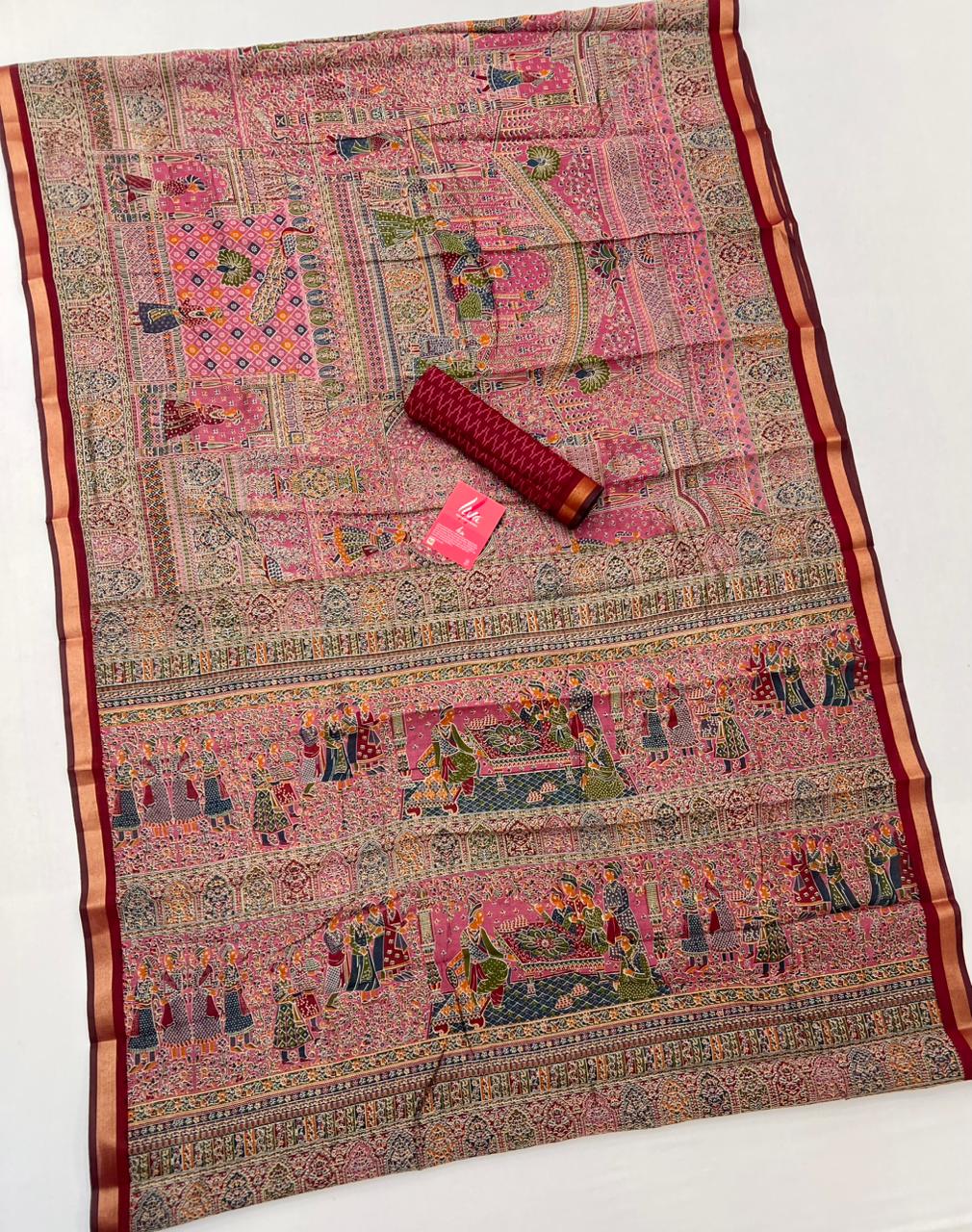 Rose Vale With Maroon Border Ajrakh Kalamkari Pure Maslin Silk Saree