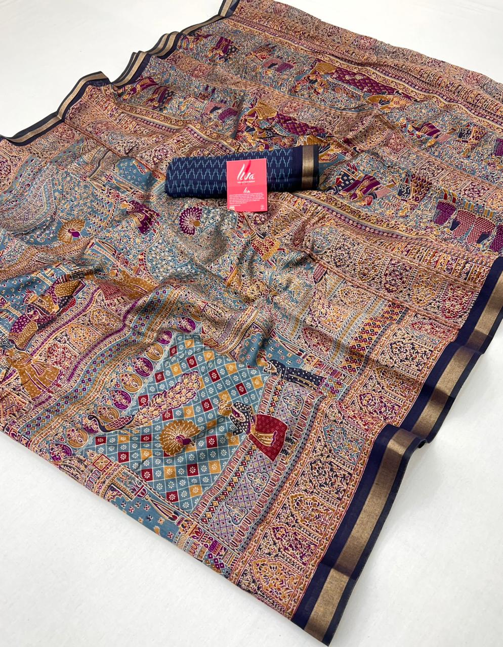 Pale Sky With Blue Border Ajrakh Kalamkari Pure Maslin Silk Saree