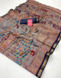 Pale Sky With Blue Border Ajrakh Kalamkari Pure Maslin Silk Saree