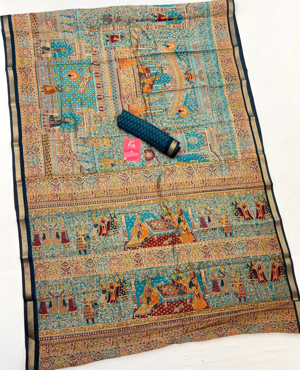 Dirty Blue With Rama Border Ajrakh Kalamkari Pure Maslin Silk Saree
