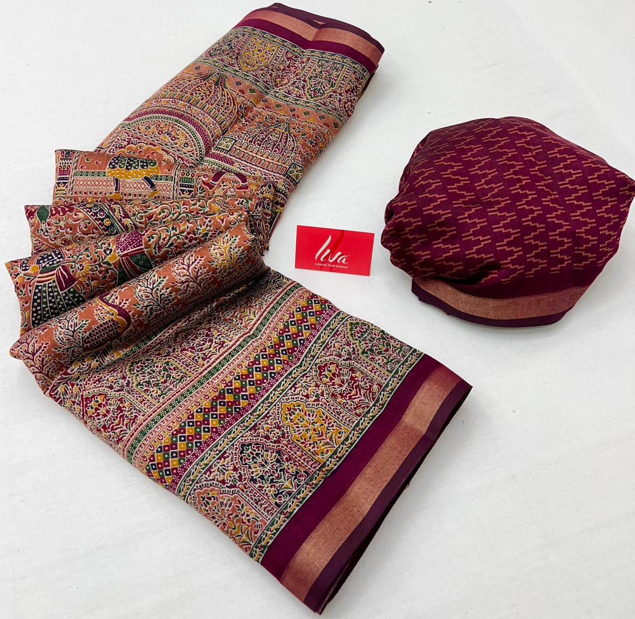 Orange salmon With Wine Border Ajrakh Kalamkari Pure Maslin Silk Saree