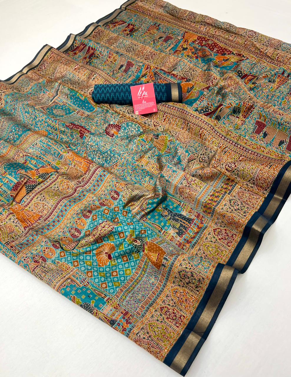 Dirty Blue With Rama Border Ajrakh Kalamkari Pure Maslin Silk Saree