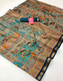 Dirty Blue With Rama Border Ajrakh Kalamkari Pure Maslin Silk Saree