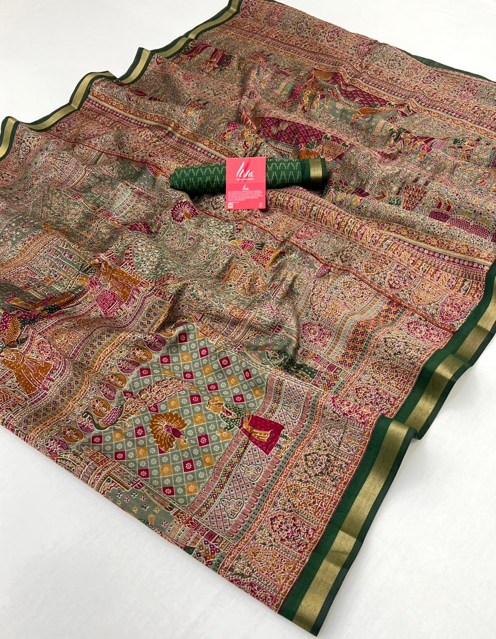 Grey Olive With Green Border Ajrakh Kalamkari Pure Maslin Silk Saree