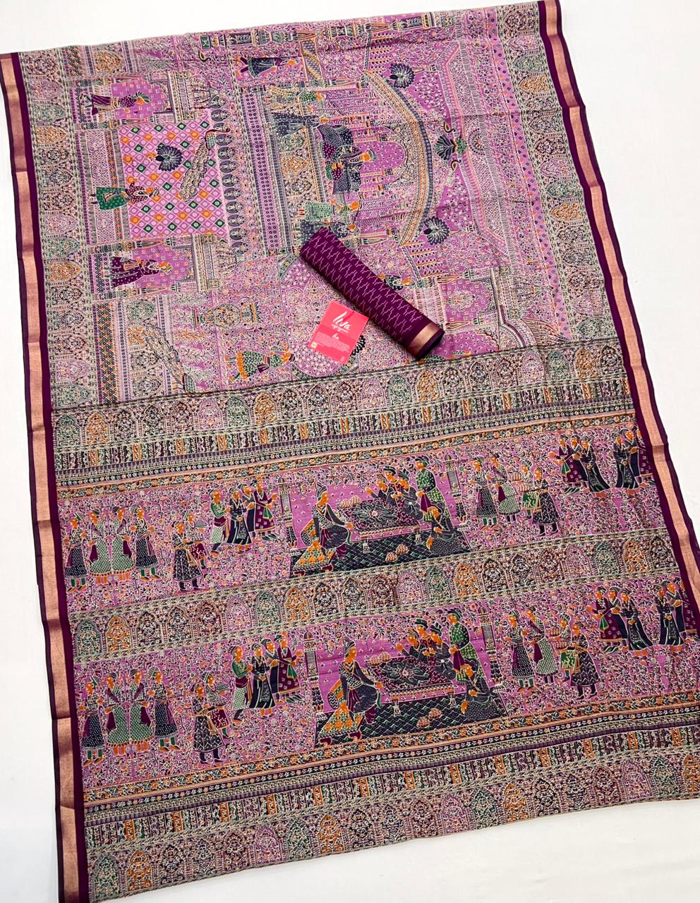 Tulip Pink With Purple Border Ajrakh Kalamkari Pure Maslin Silk Saree