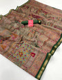 Grey Olive With Green Border Ajrakh Kalamkari Pure Maslin Silk Saree