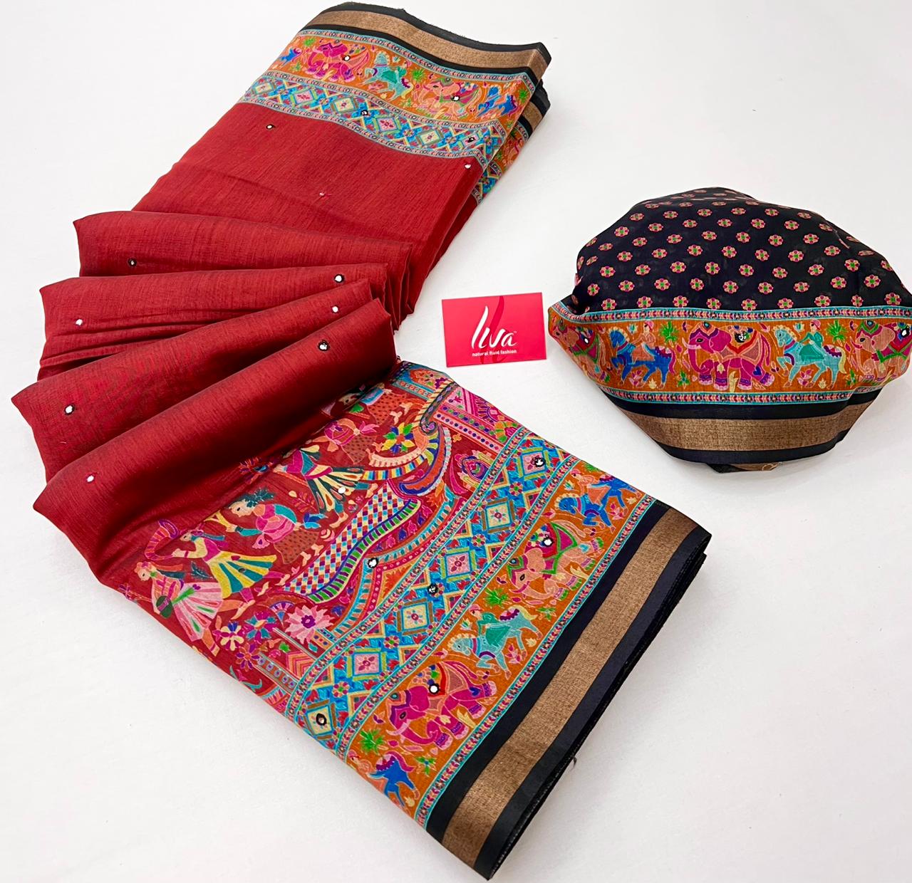 Mahogany Red Ajrakh Kalamkari Pure Maslin Silk Saree with Mirror Work