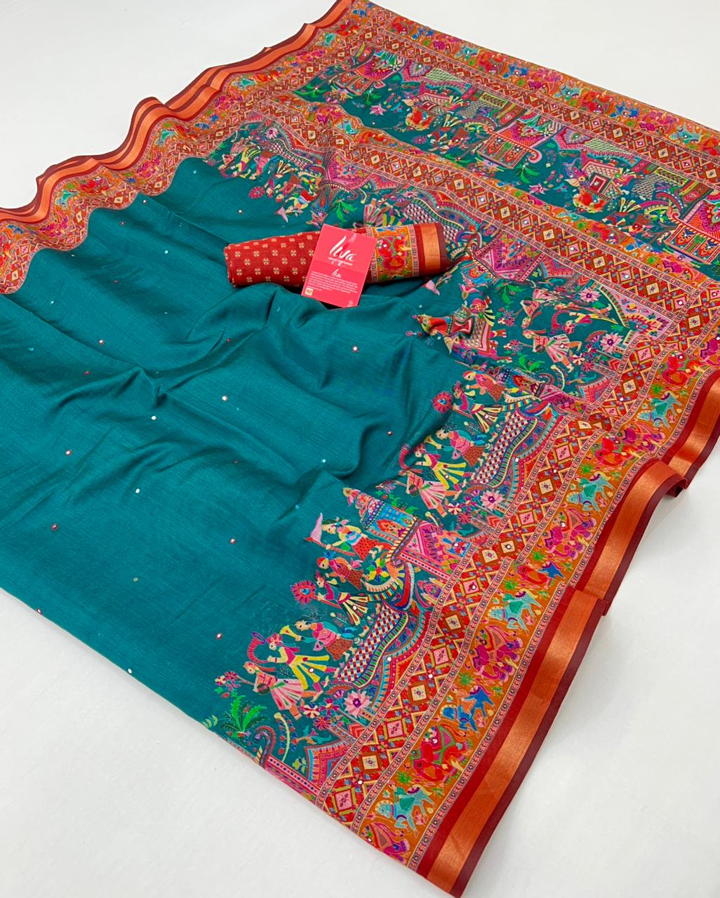 Cerulean Blue Ajrakh Kalamkari Pure Maslin Silk Saree with Mirror Work
