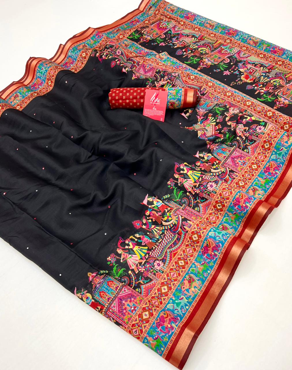 Stylish Black Ajrakh Kalamkari Pure Maslin Silk Saree with Mirror Work