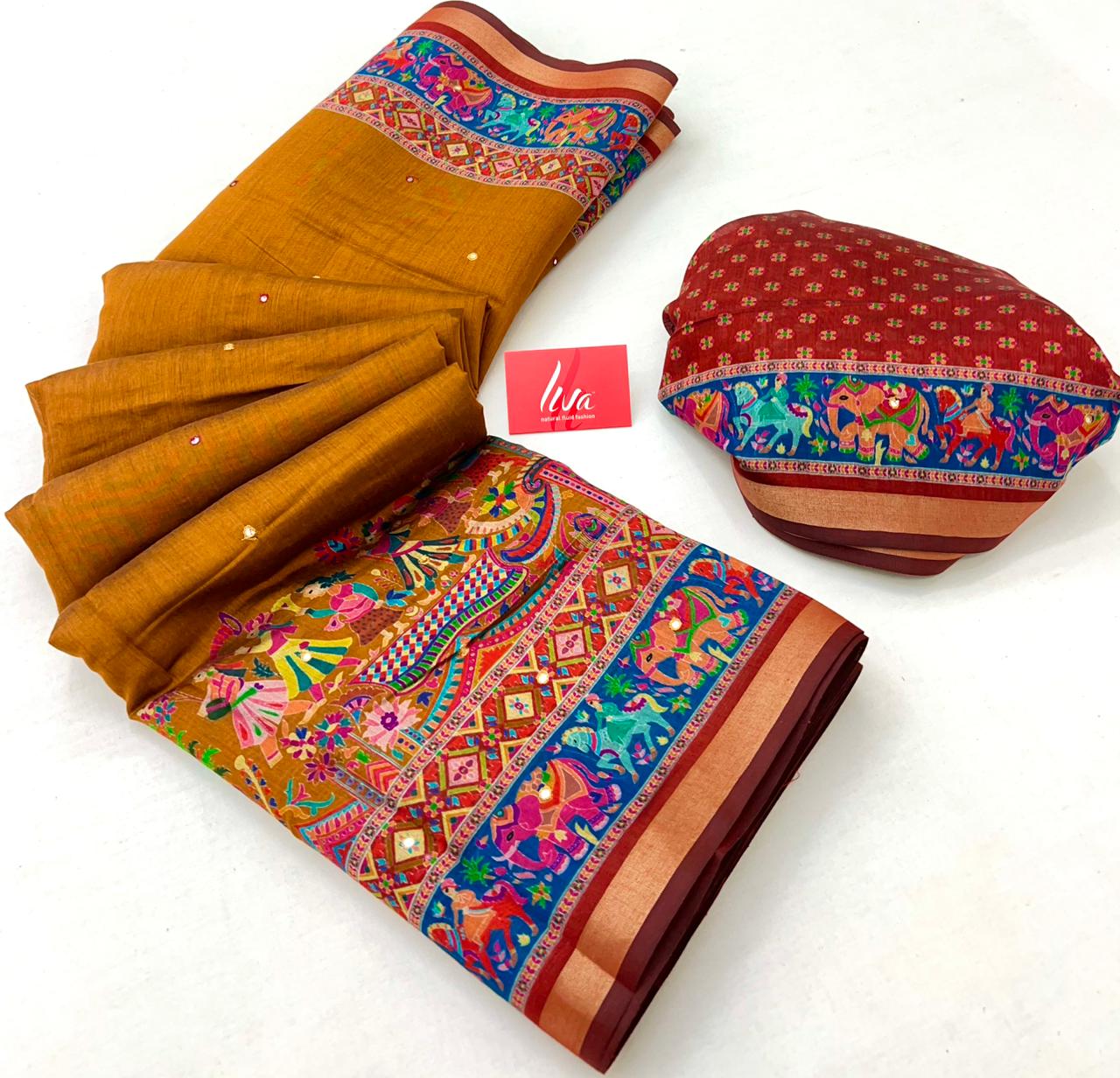 Rob Yellow Ajrakh Kalamkari Pure Maslin Silk Saree with Mirror Work