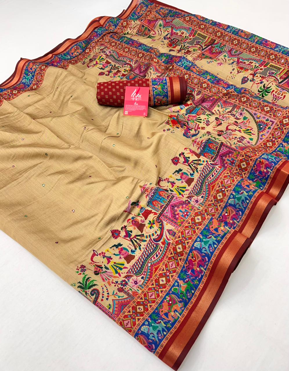 Vanilla Cream Ajrakh Kalamkari Pure Maslin Silk Saree with Mirror Work