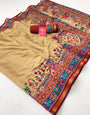 Vanilla Cream Ajrakh Kalamkari Pure Maslin Silk Saree with Mirror Work